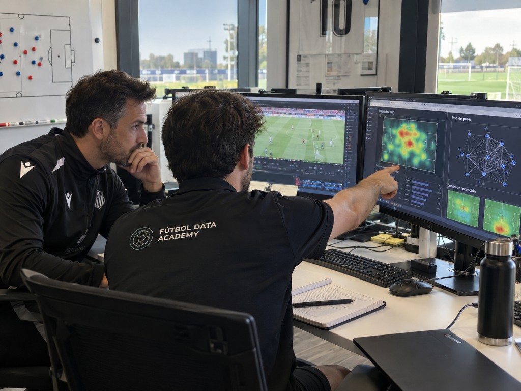 Dos analistas de Fútbol Data Academy revisando un mapa de calor y una red de pases